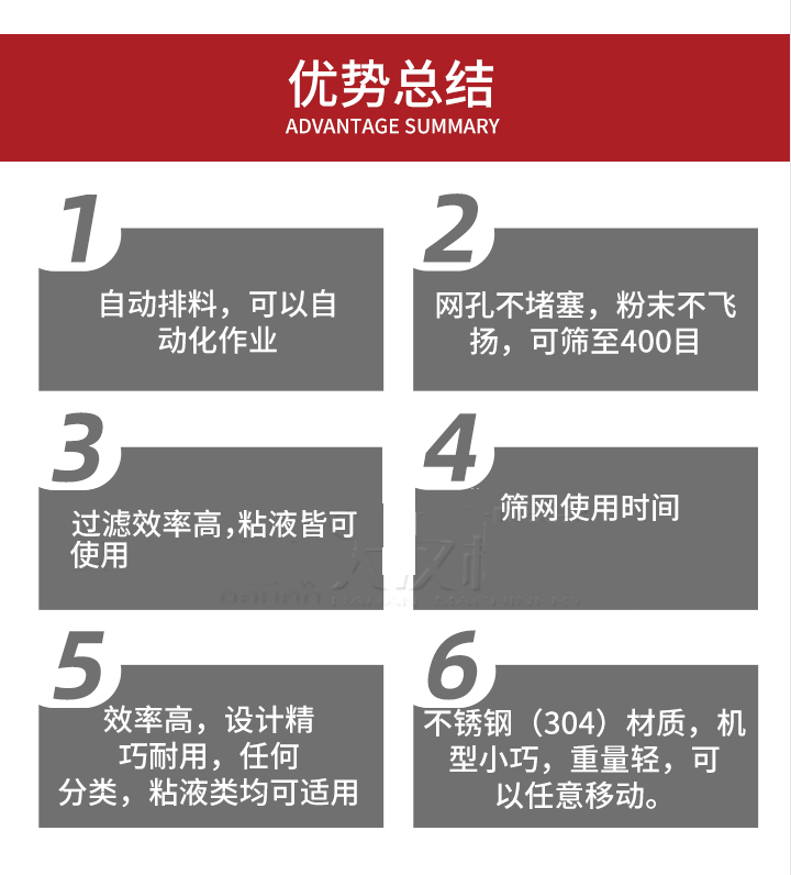 過(guò)濾篩優(yōu)勢(shì)總結(jié)：1，自動(dòng)排料，可以自動(dòng)化作用。2，網(wǎng)孔不堵塞，粉塵不飛揚(yáng)，可篩至400目。3，過(guò)濾效率高，任何粒，粉，粘液也可使用。4，篩網(wǎng)設(shè)計(jì)大大提高了篩網(wǎng)使用時(shí)間，也魏換網(wǎng)提高了方便。5，效率高，設(shè)計(jì)精巧耐用，任何分類(lèi)設(shè)計(jì)精巧耐用，任何分類(lèi)，粘液類(lèi)均可適用。6，不銹鋼材質(zhì)機(jī)型小巧，重量輕，可以任意移動(dòng)。